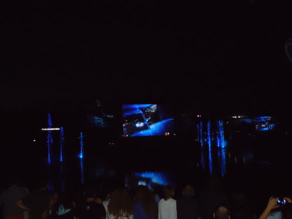 The final show is water lasers, fireworks and projection. Images are projects of water dropping from the sky.